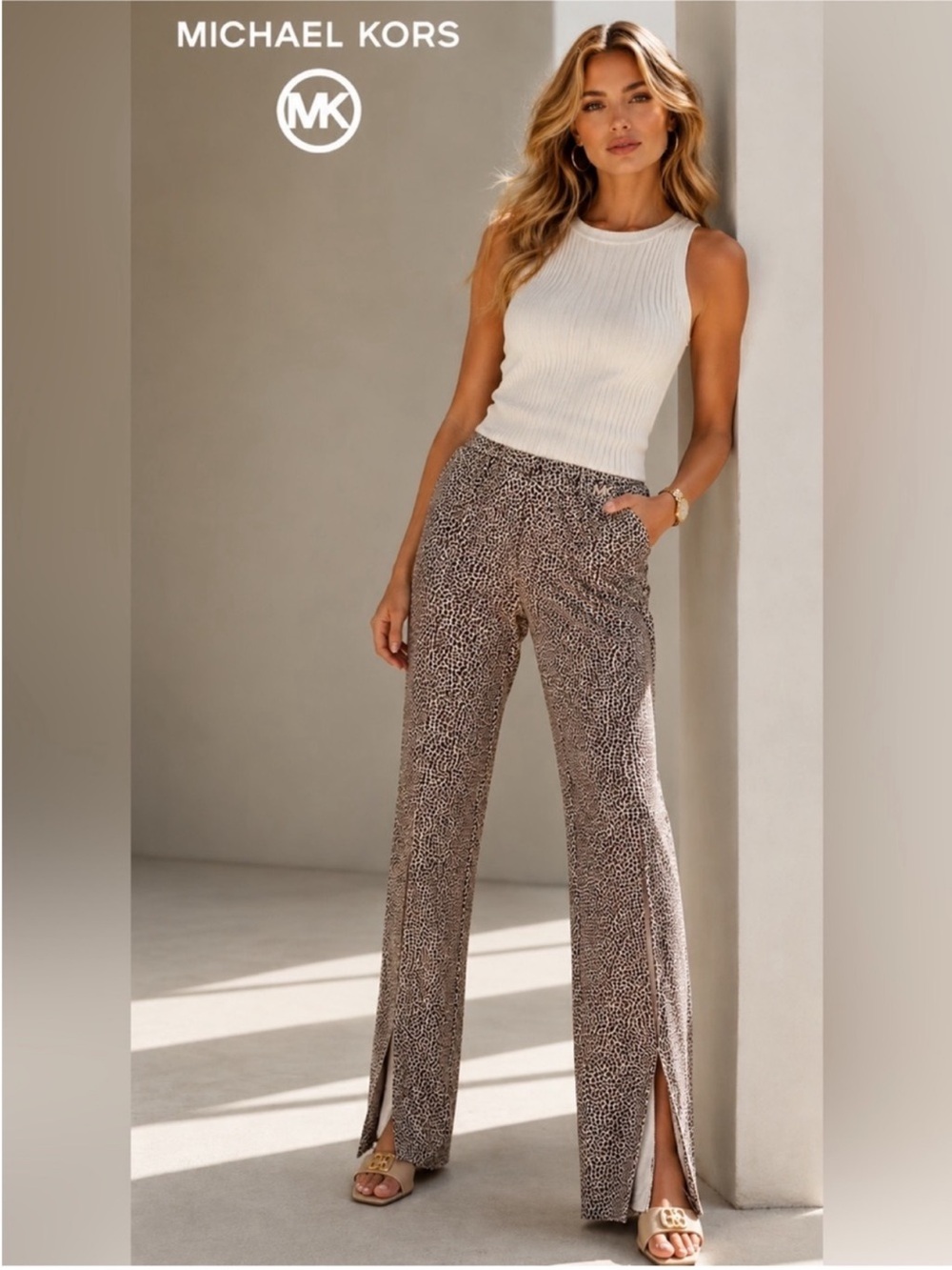 Like New ~ Michael Kors Black Taupe Leopard-Print Flare Slit Pants ~ Size Medium